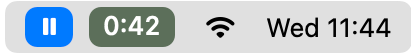 Freelime in the menu bar: a pause button in the task's color next to the running time on a sage tile.