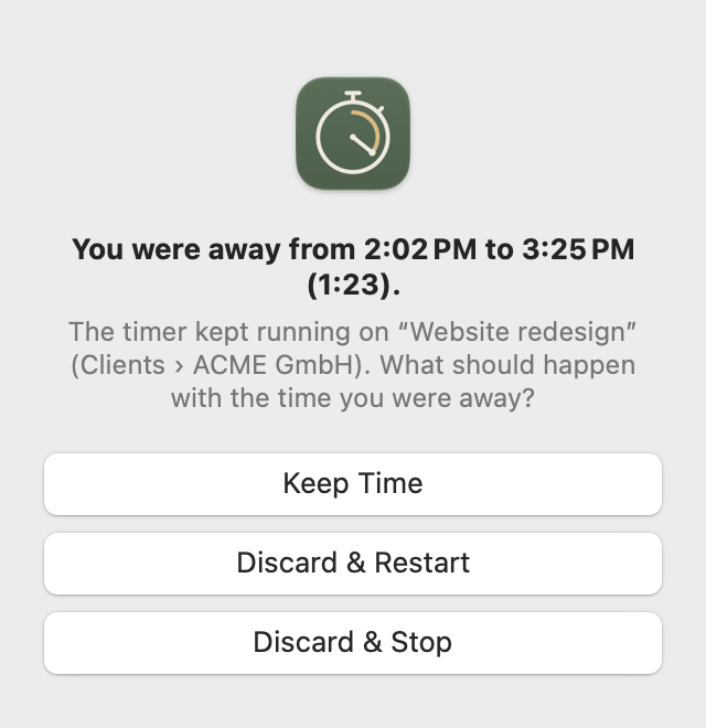 Freelime's idle alert asking whether to keep or discard the time you were away.