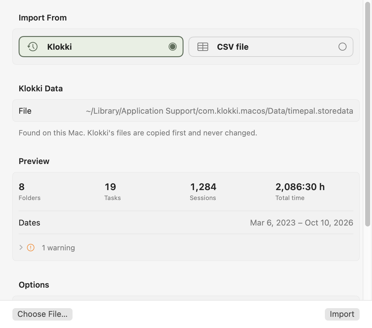 Freelime's Settings with Import from Klokki chosen: a preview of the Klokki data it found, with the number of folders, tasks and sessions, the total time and the dates they span. Below are the Choose File and Import buttons.