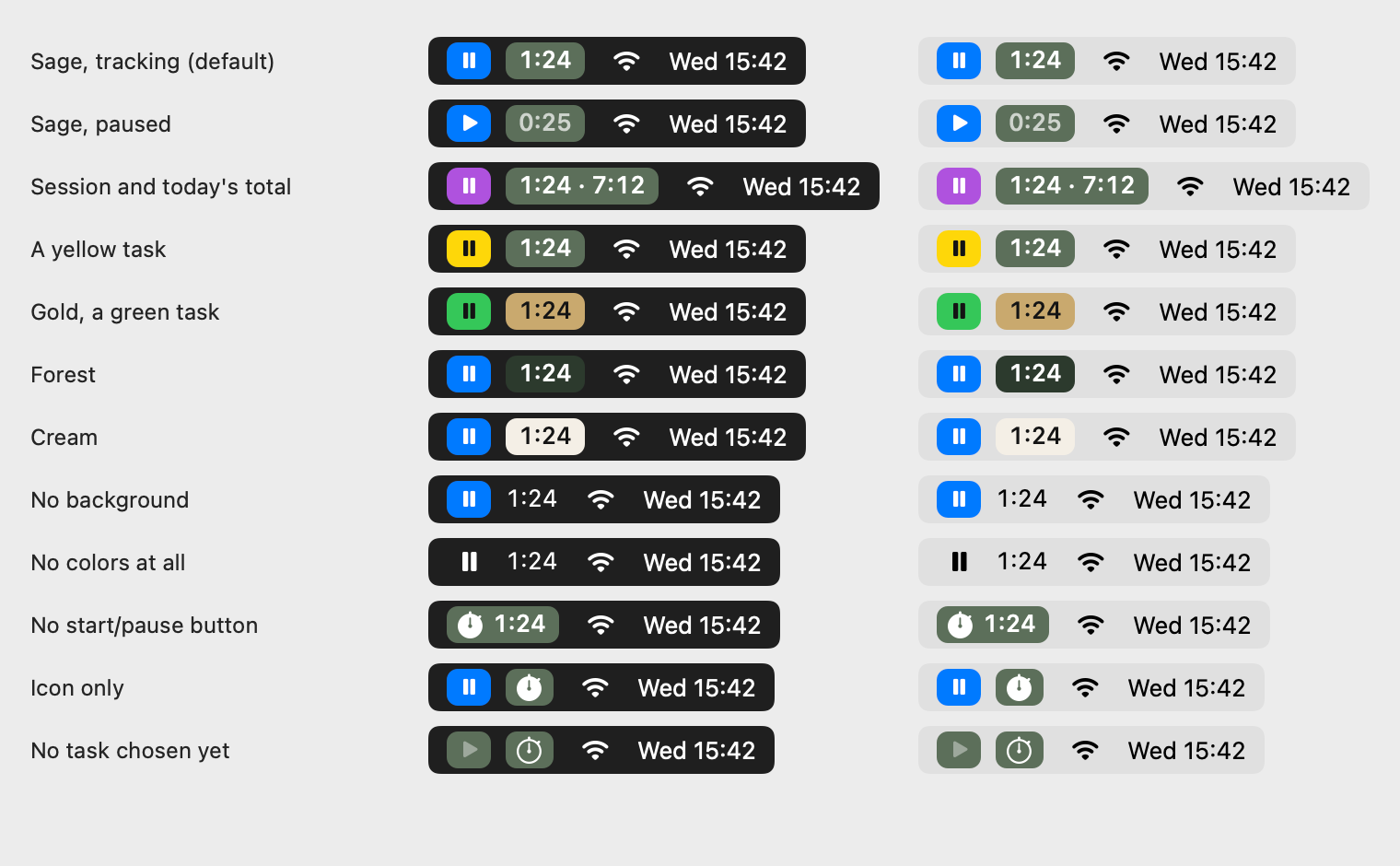 Freelime's menu bar styles on dark and light menu bars: sage, gold, forest and cream tiles, no background, no colors, no start/pause button, or just an icon.