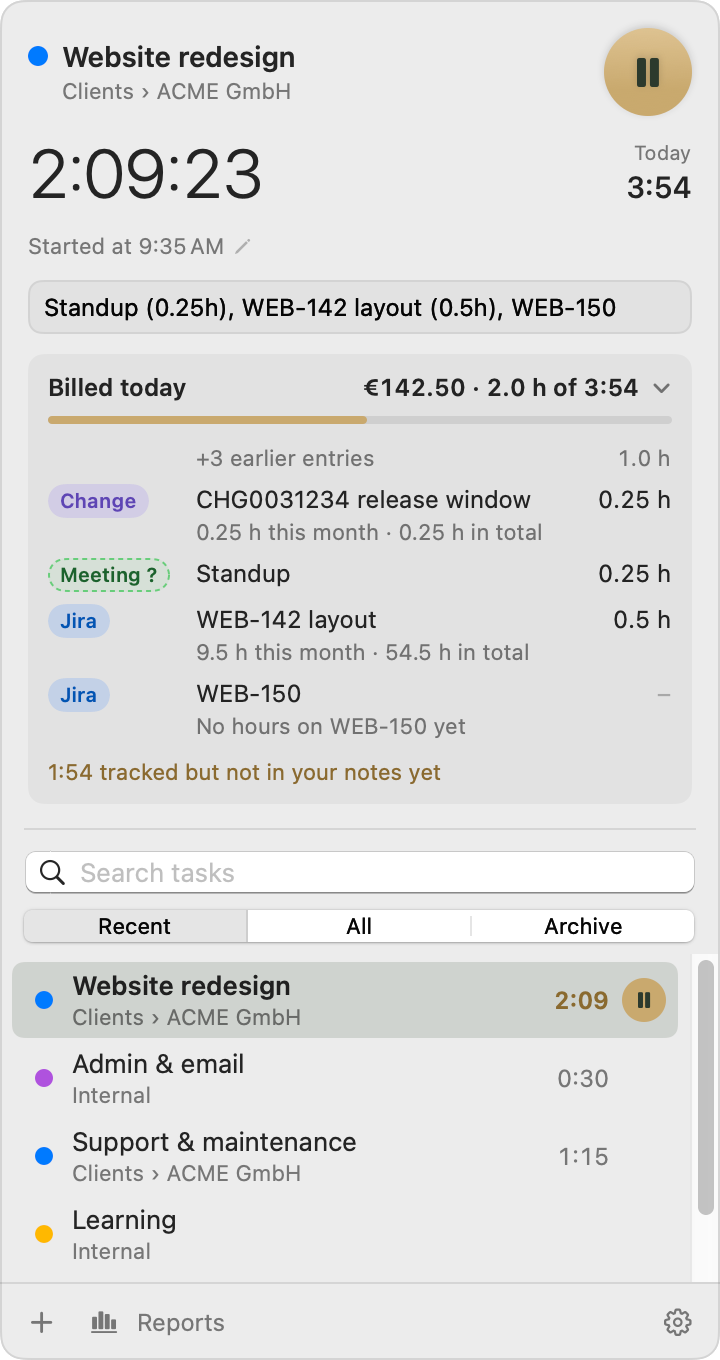 Freelime panel with Billed today expanded, listing today's entries with category chips and billed hours.