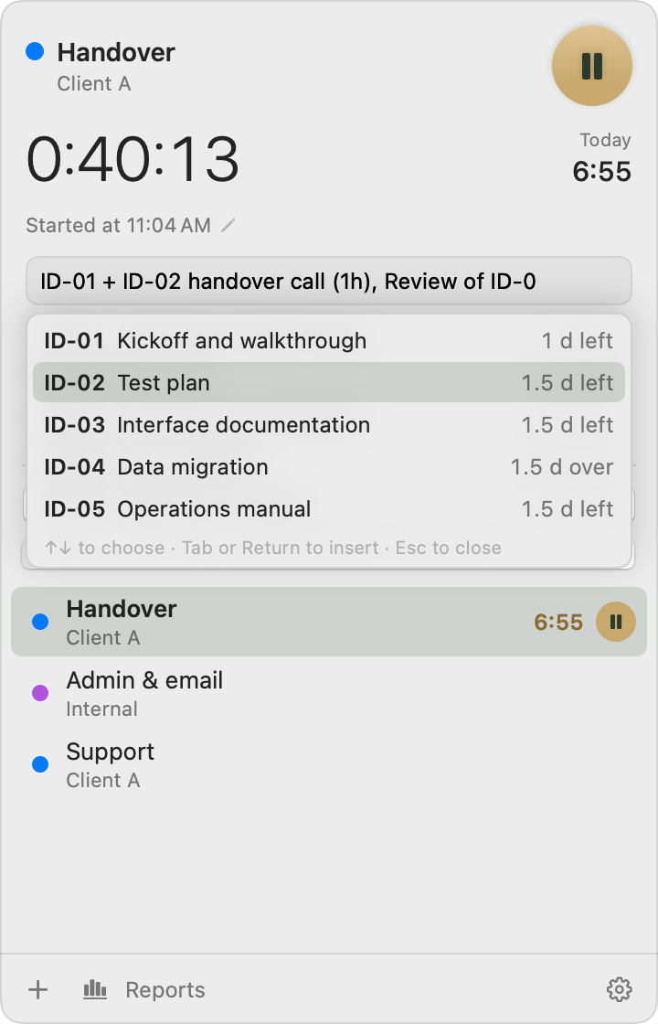 Typing ID-0 in the notes: Freelime suggests ID-01 to ID-05 with each topic and what's left of its budget.
