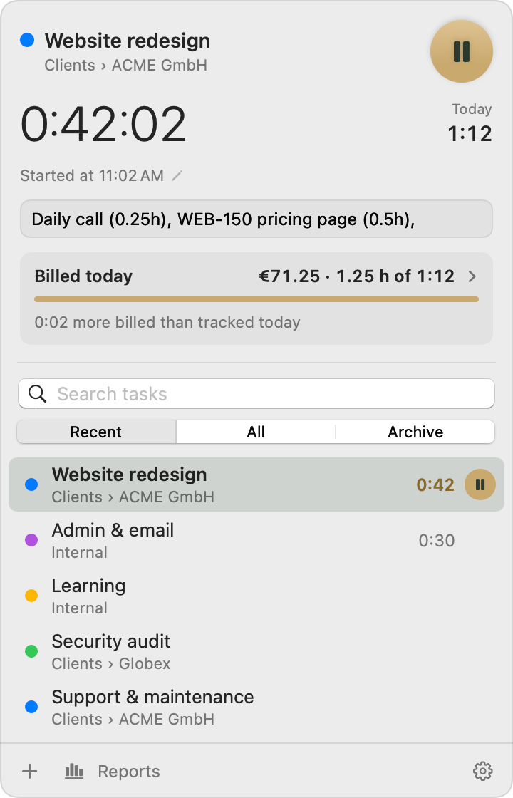 Freelime's menu bar panel with the timer running on Website redesign for ACME GmbH and notes listing billable hours.