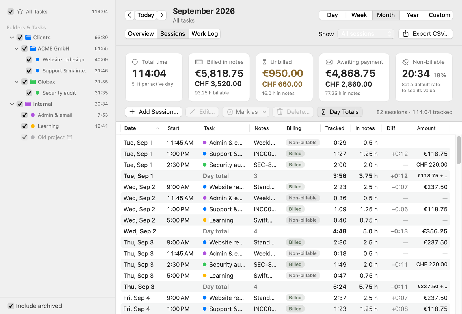 Freelime Reports showing sessions grouped by day with a bold total row after each day.