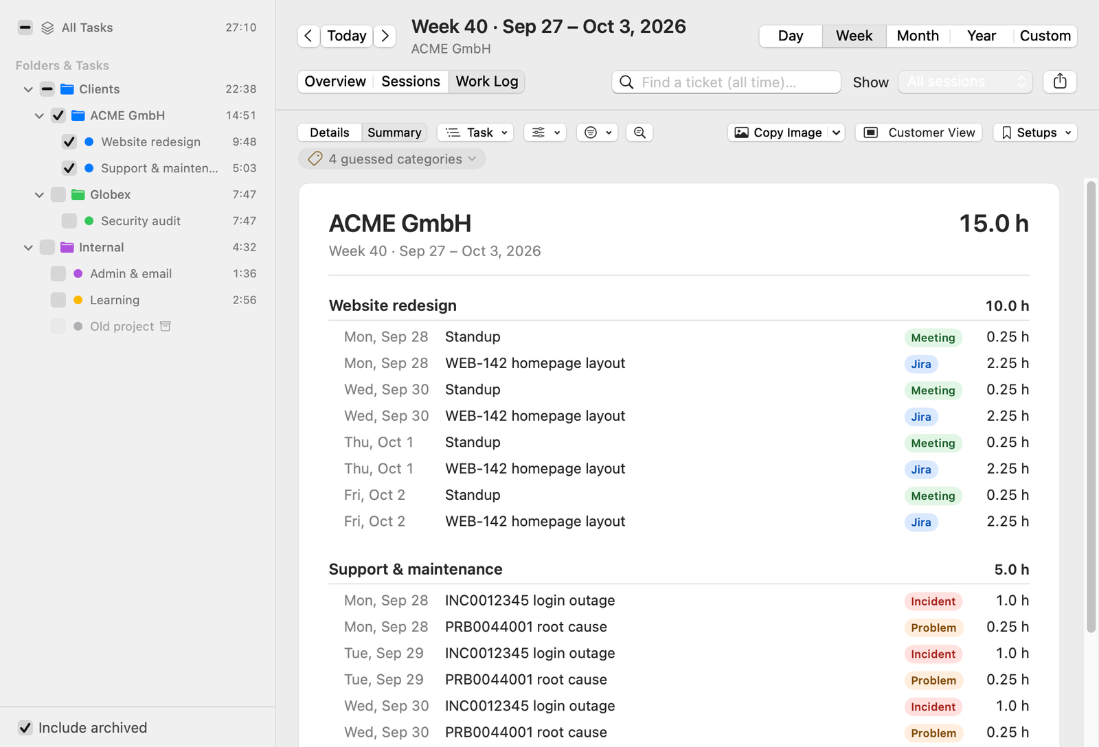 A Freelime Work Log summary for ACME GmbH, week 40, grouped by task with subtotals for each task.